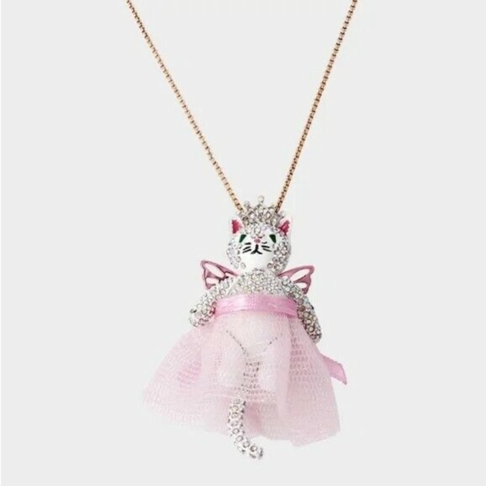 Whimsy fairy cat ballerina pink necklace Betsey Johnson